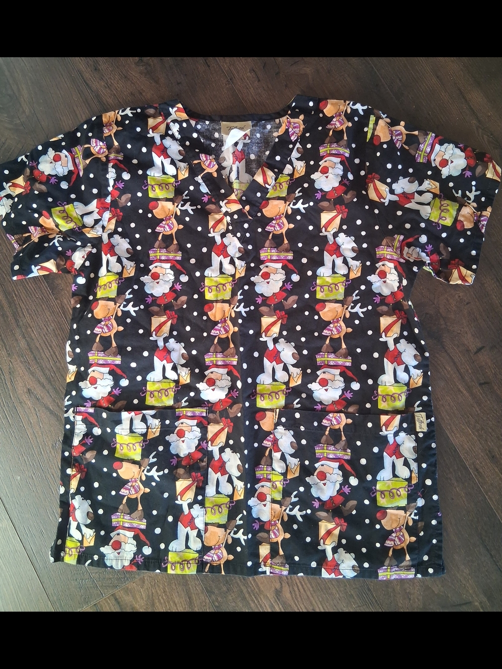 Holiday Print Womans Nursing Scrubs Top - Black